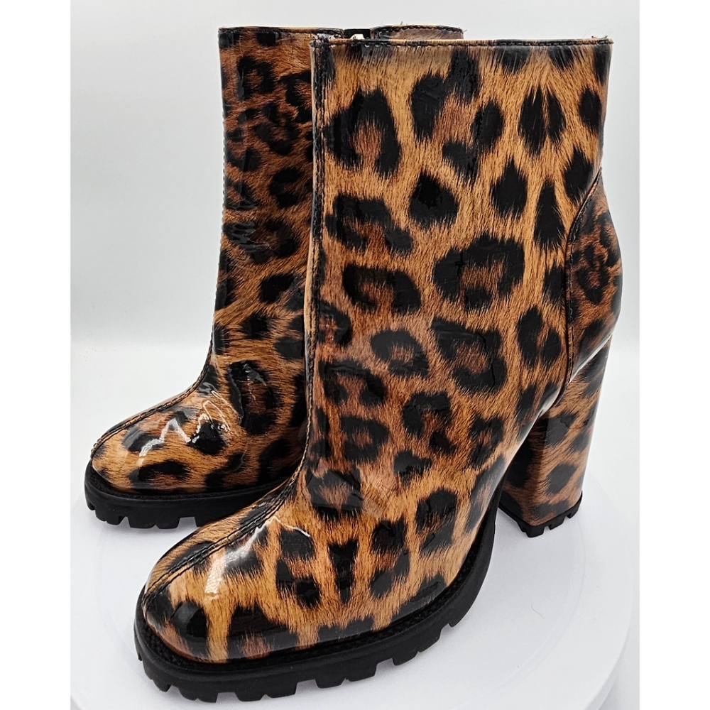 Schutz Nandy Patent Leather Animal Print Stacked High Heel Chunky Lug Boots 7.5